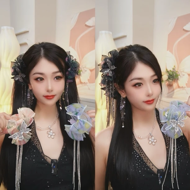 甜美温柔气质时尚印花蝴蝶结链条流苏抓夹