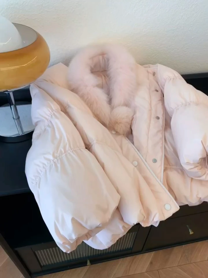 独特漂亮初冬厚外套粉色毛领泡芙棉服女冬季保暖面包服小个子棉袄