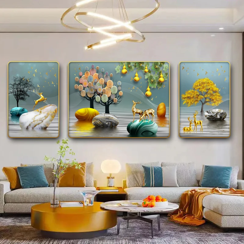 J24升级镶钻客厅背景挂画五福临门沙发背景挂画客厅三联画捡漏