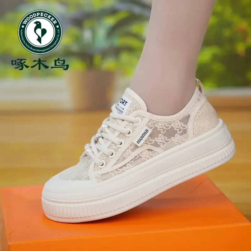 啄木鸟2025夏季网面帆布鞋新款女学生厚底增高运动板鞋休闲鞋透气