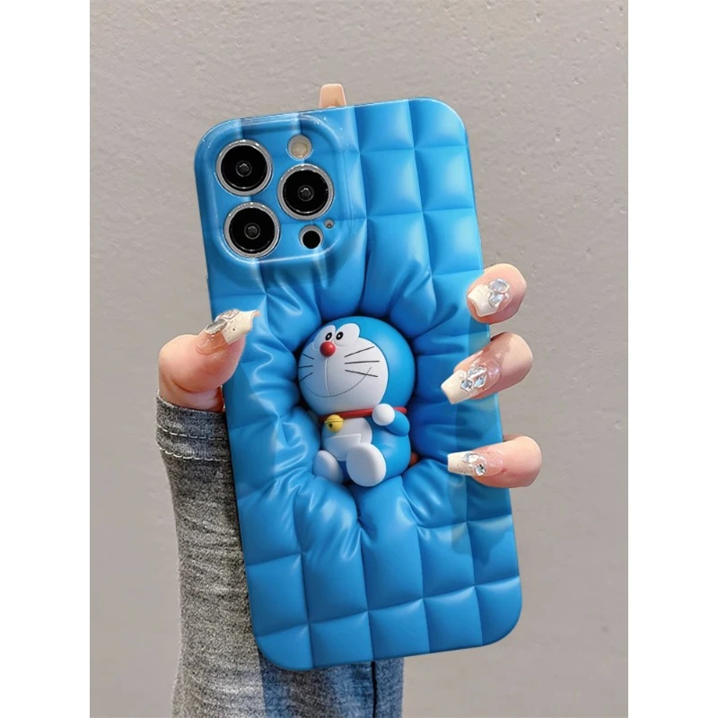 卡通格子哆啦适用苹果16菲林手机壳华为新款vivo高级小米oppo防摔