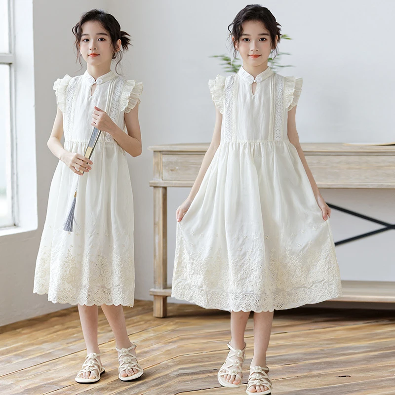女童新中式连衣裙2025夏季新款中大童刺绣气质长裙女孩国风时尚裙