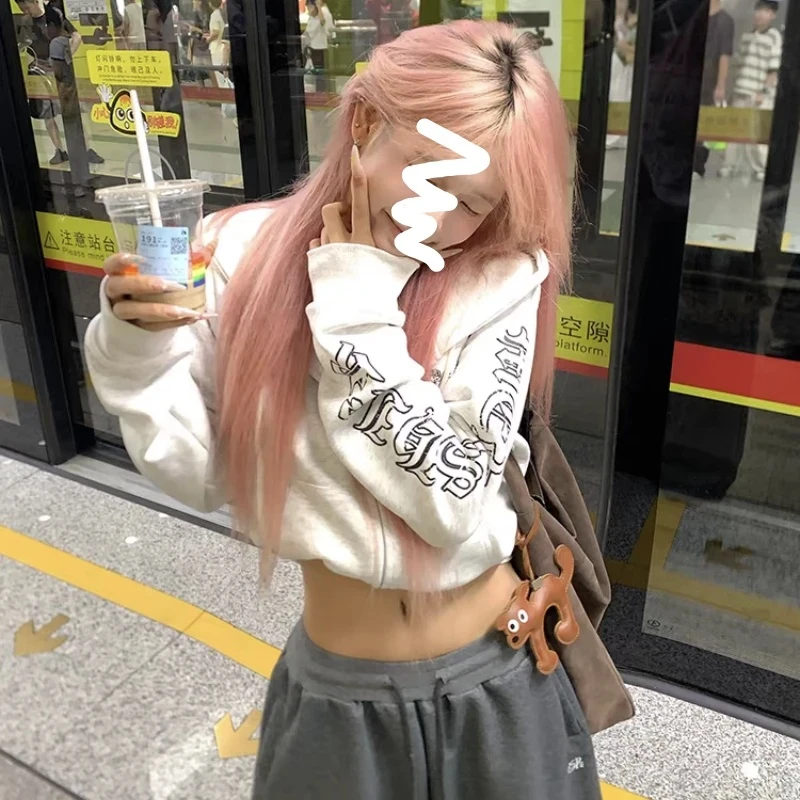 美式复古哥特风字母印花短款开衫卫衣秋季辣妹休闲长袖