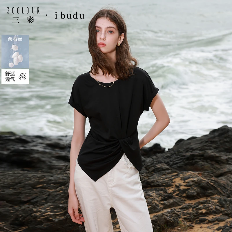 三彩ibudu2025夏季新款圆领T恤正肩短袖修身短款设计感套头衫女