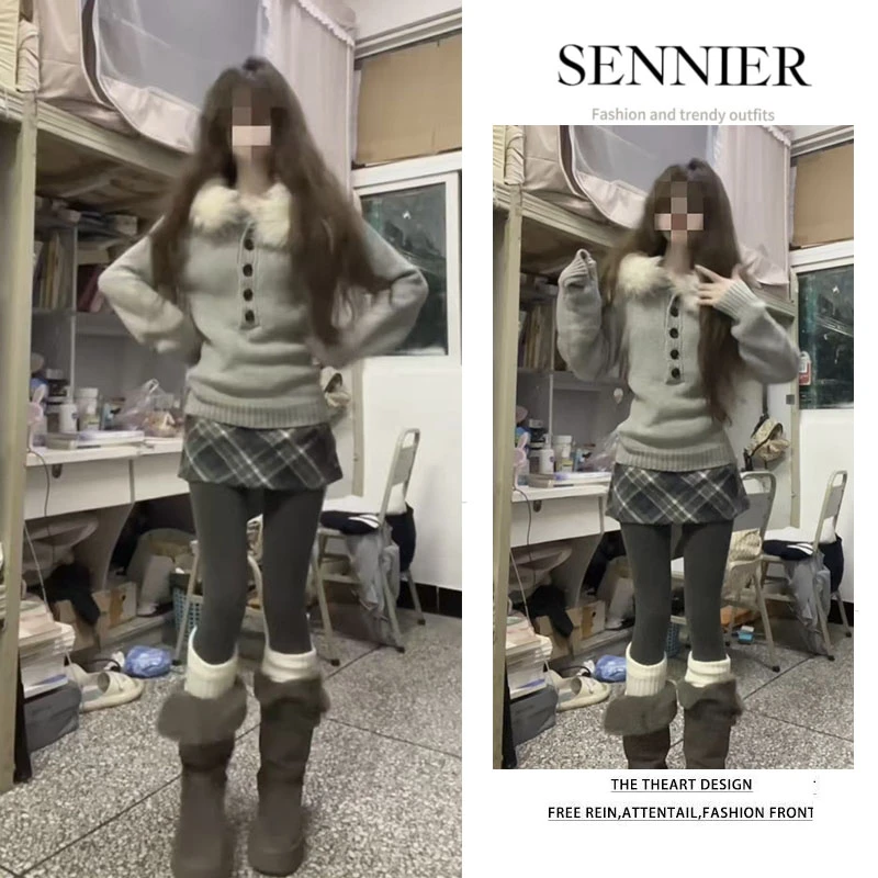 今年2025秋冬新款韩系收腰毛领连帽针织上衣显瘦短裙打底裤三件套