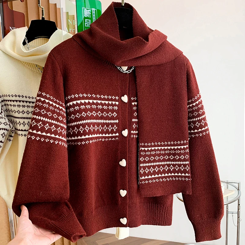 复古提花配围巾毛衣外套女秋冬2024新款宽松慵懒韩系针织开衫上衣