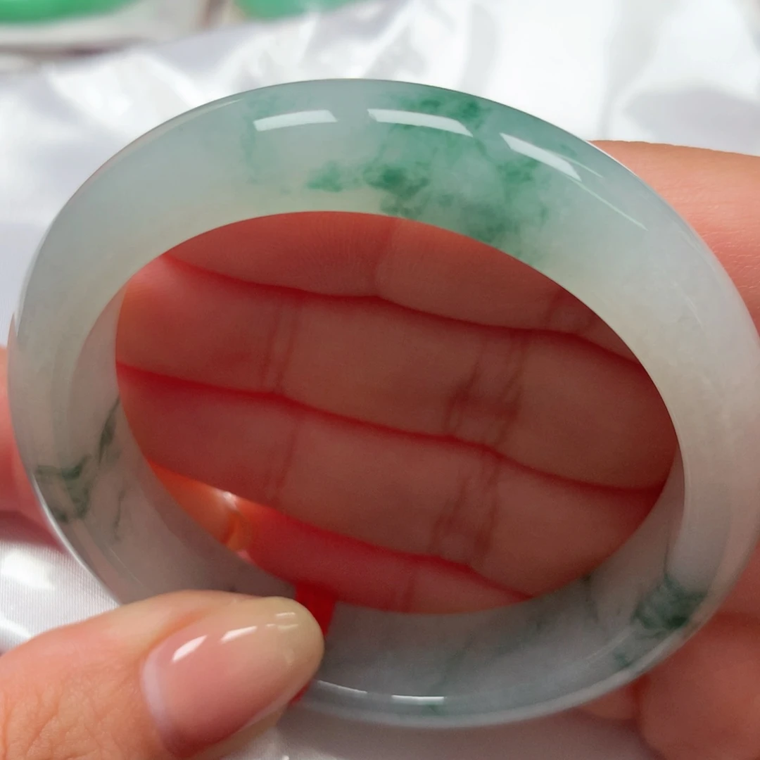 翡翠未镶嵌手镯45冰飘花有纹捡漏