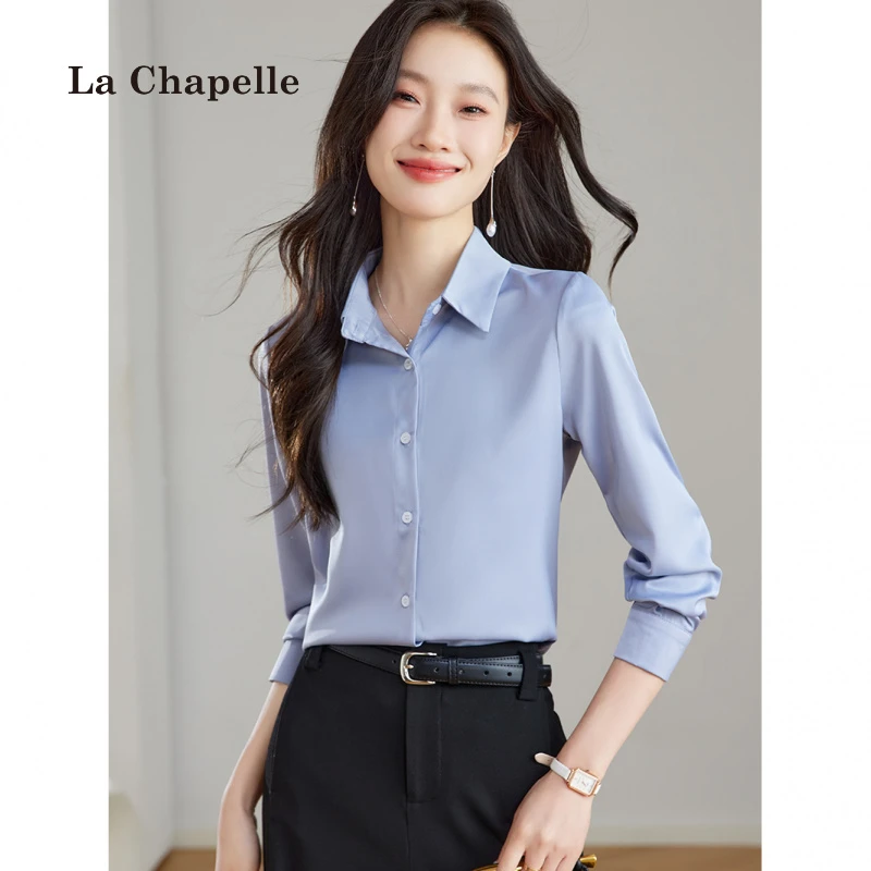 拉夏贝尔2025春款简约缎面衬衫女通勤衬衣设计感小众长袖雪纺上衣