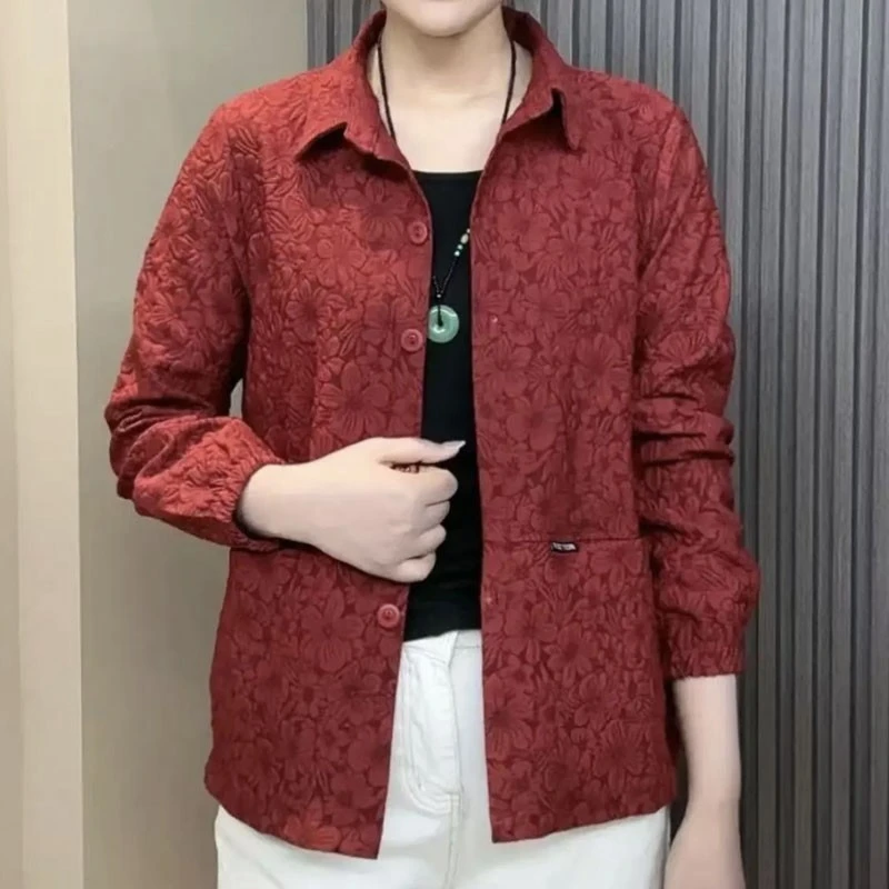 2025中老年女装提花长袖外套开衫网红提花春秋休闲宽松妈妈夹克衫