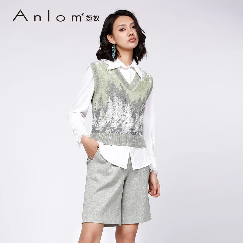 Anlom/娅奴春季新款V领林海雪原休闲薄膜纤维针织衫通勤上衣背心