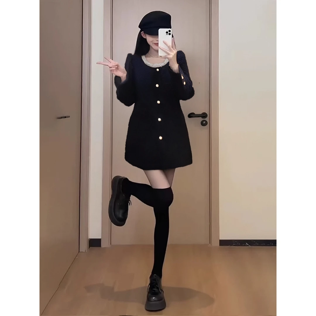 EAQF8794#小香风长袖圆领西装外套女赫本风黑色宽松毛呢外套