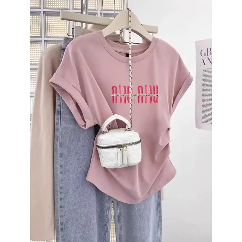 小飞袖褶皱正肩纯棉短袖t恤女2025新款设计感收腰显瘦圆领上衣潮