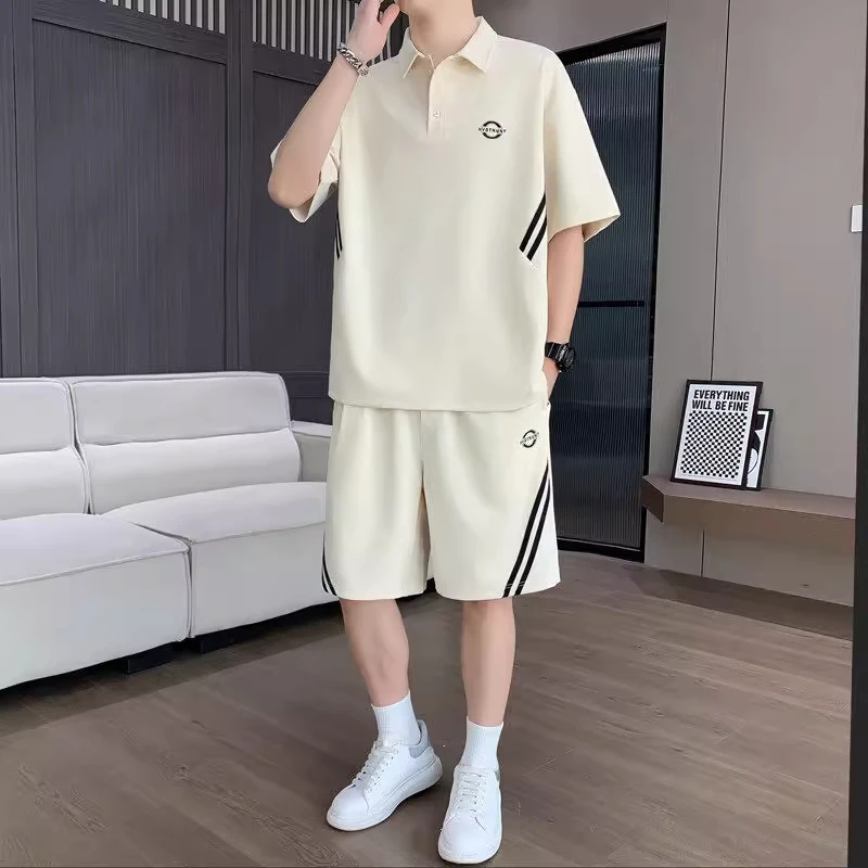 高级感男装时尚POLO衫休闲运动男士夏季套装翻领短袖男t桖两件套