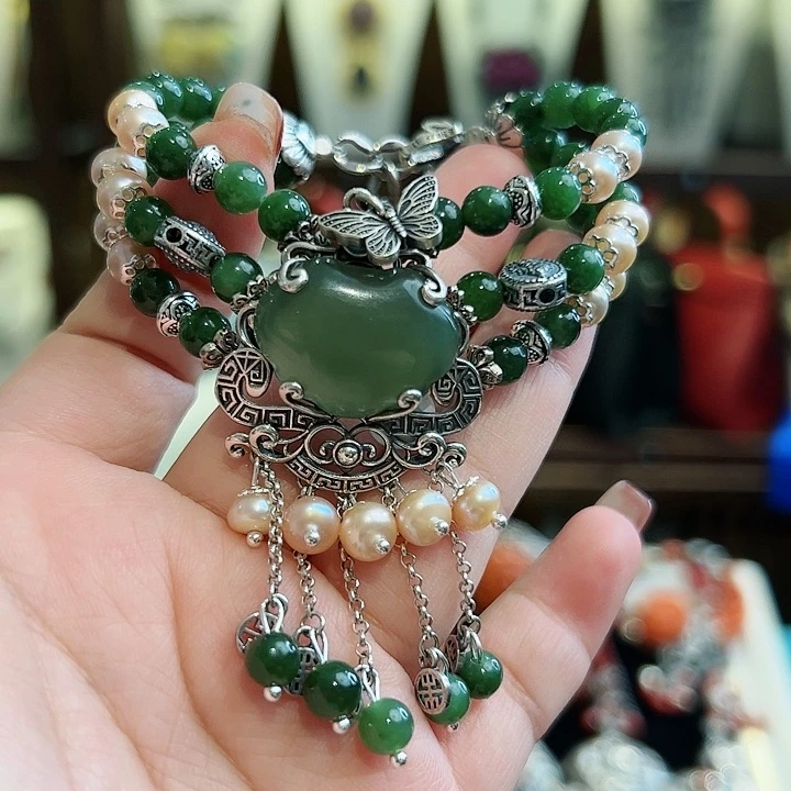 和田玉手链银S925镶嵌古风