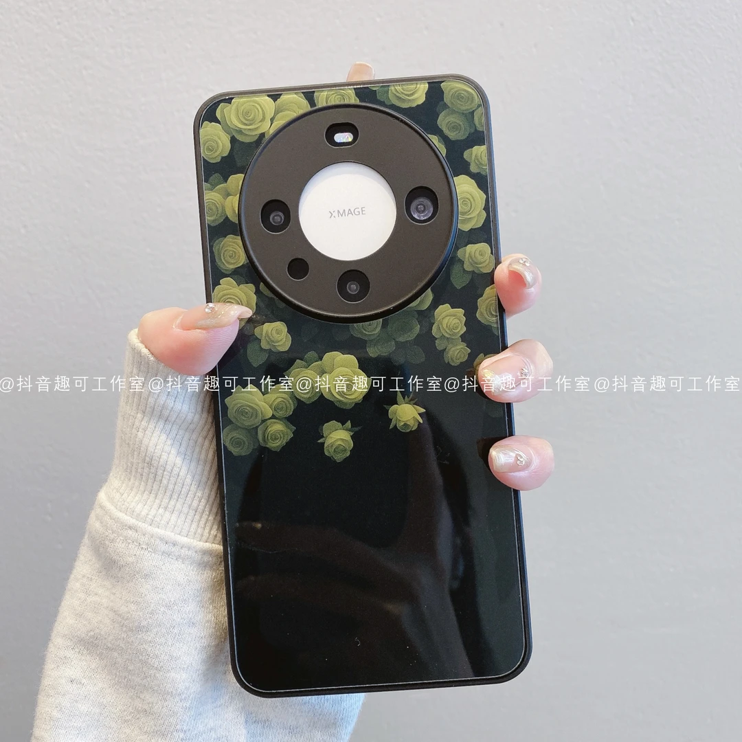 （华为mate）肤感玻璃适用华为mate70pro60/50/40/30绿玫瑰潮手机壳