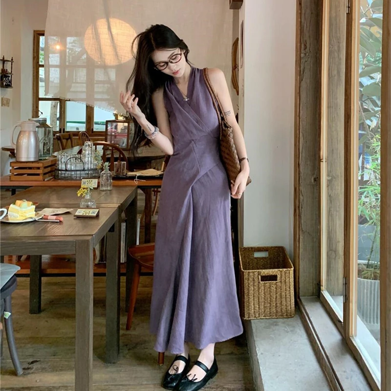 KQ2130气质长裙夏季复古宽松收腰中长款韩版小众设计感连衣裙子