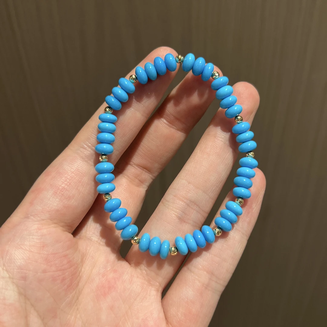 福余珠宝18k金美国睡美人矿绿松石高瓷高蓝算盘珠绿松手串6.5mm＋