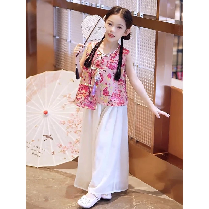 女童夏装新中式旗袍背心套装阔腿裤运女宝宝锦鲤汉服两件套吉国风