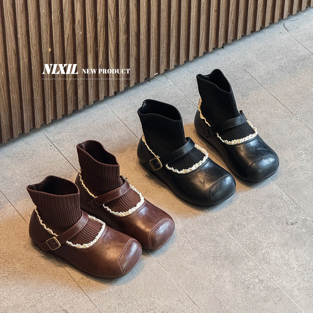 22-37码儿童皮靴弹力袜子短靴女童宝宝休闲保暖短皮靴子软底秋冬