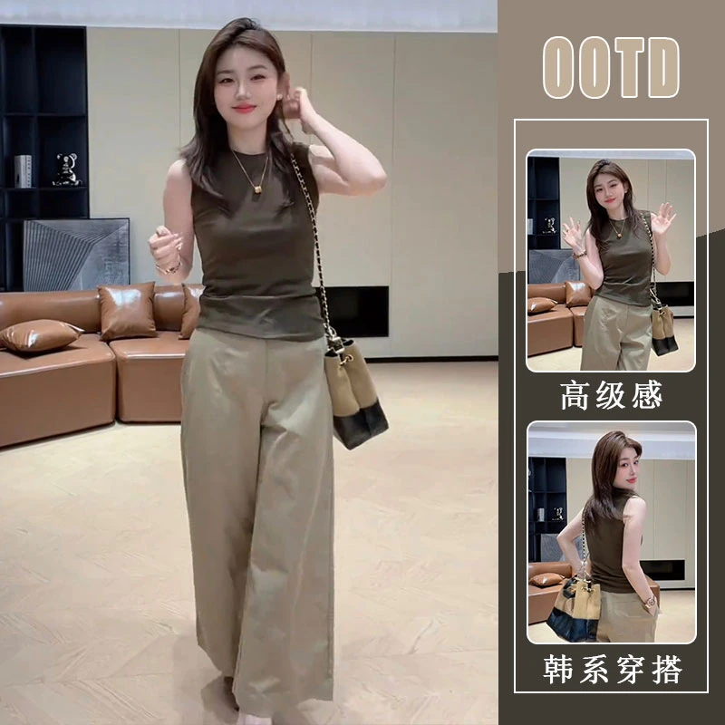 2025夏季新款时尚直筒休闲裤女洋气小个子高级气质无袖上衣两件套