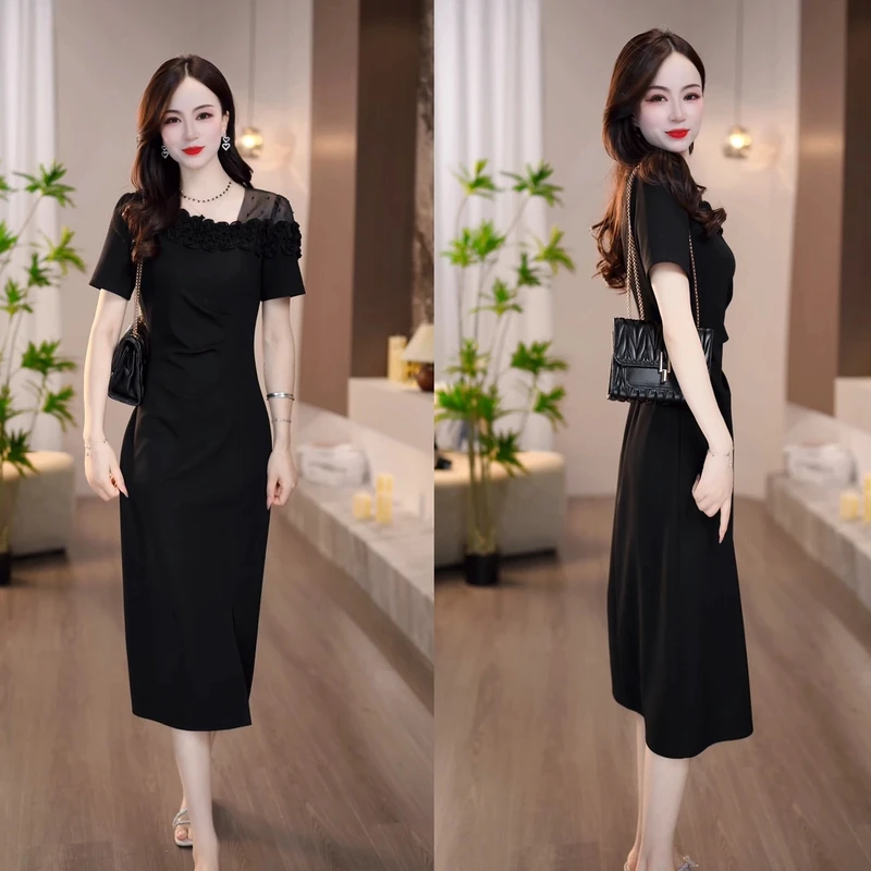 2025夏季新款黑色小心机斜肩领时髦显瘦小众设计连衣裙