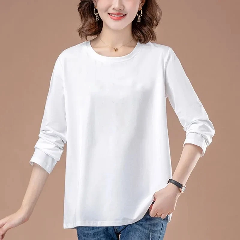 白色拼接圆领长袖t恤女装宽松2025秋冬新款显瘦内搭小领口打底衫
