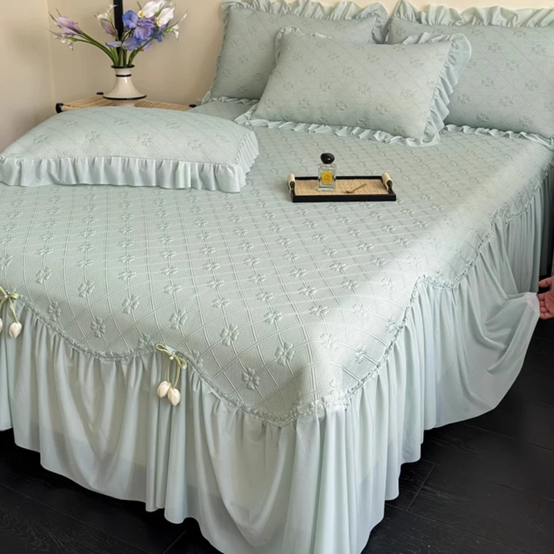 路约威格床裙款冰丝凉席三件套夏天公主风冰豆豆空调席床罩可机洗