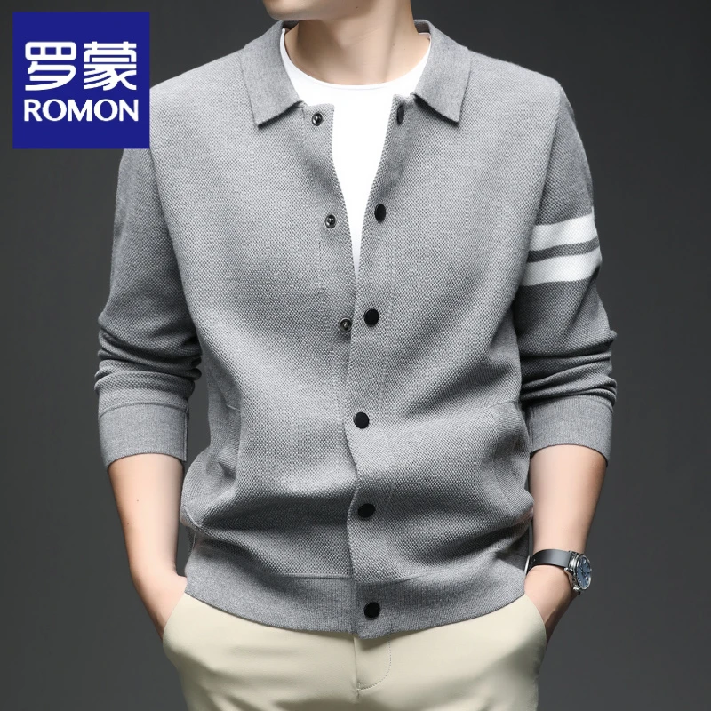 罗蒙开衫毛衣男士秋季新款休闲帅气线衣潮流拼色翻领针织衫外套男