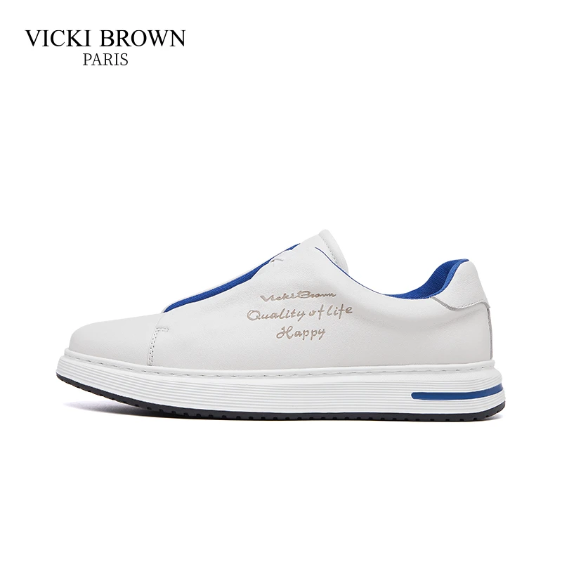 VICKI BROWN真皮轻便百搭一脚蹬小白鞋男士时尚低帮潮流休闲鞋
