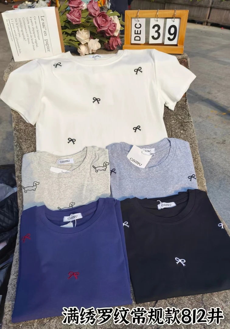 螺纹高弹棉刺绣款正肩短袖