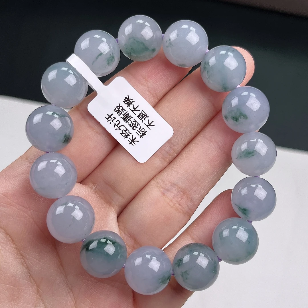 缅甸天然翡翠A货老坑冰胶紫罗兰飘花圆珠男士时尚手串卡13飘蓝花