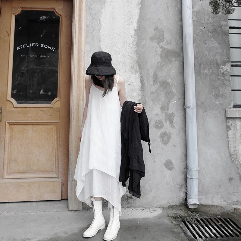 隐觅 清冷禅意风吊带裙全棉双层设计感白色连衣裙中长款百搭宽松