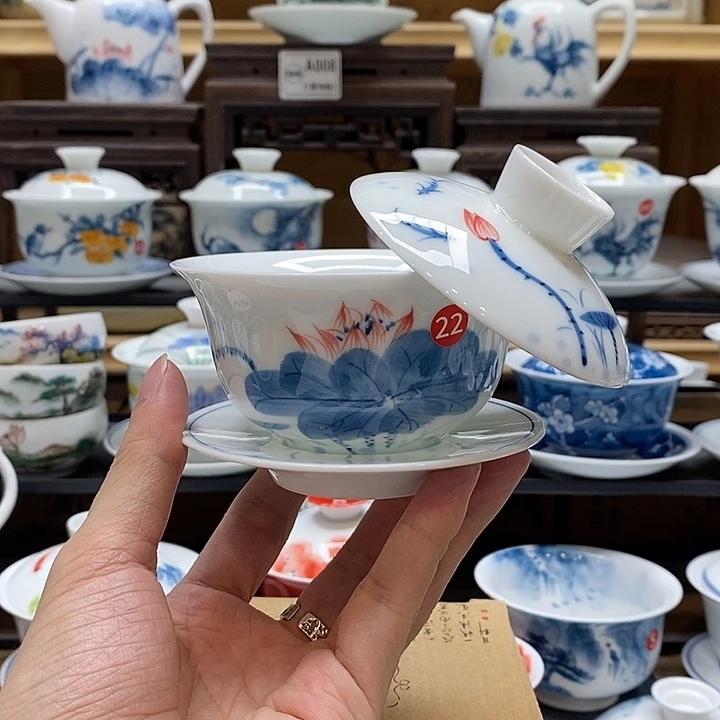 手绘荷花悬停盖碗150cc釉下彩微瑕福利款