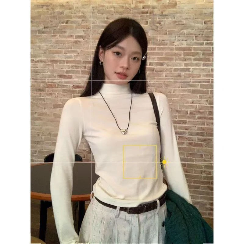 白色德绒洋气半高领百搭打底衫新款薄款秋冬显瘦长袖修身T恤内搭