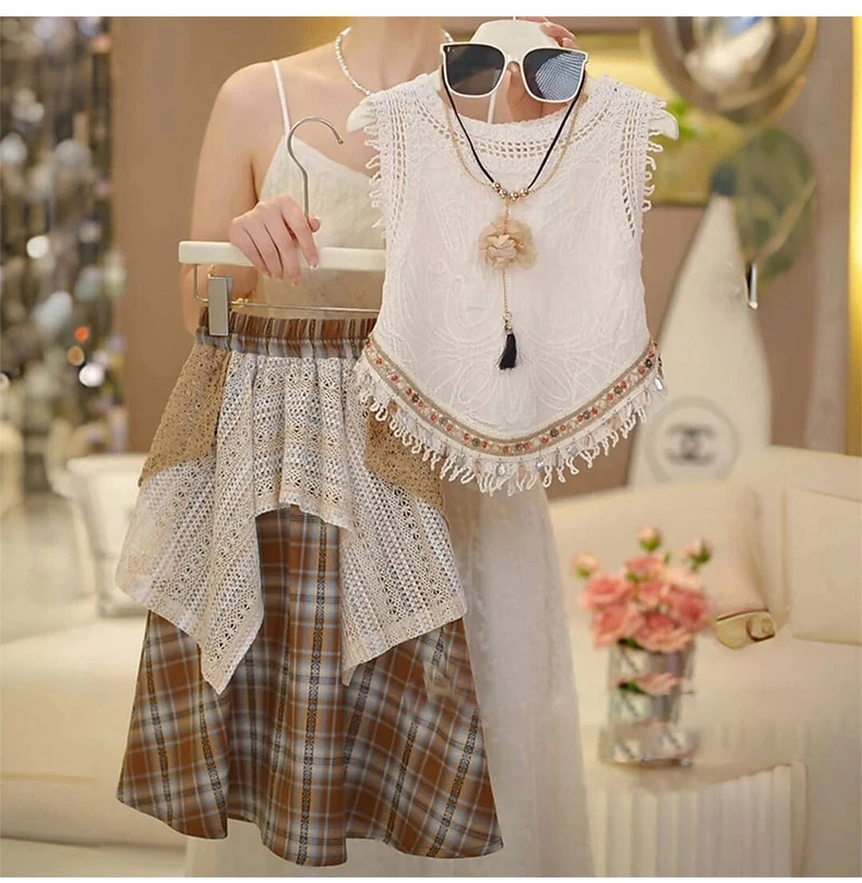 套装韩版夏季纯色女童中大童儿童蕾丝公主洋气时尚复古女孩无袖