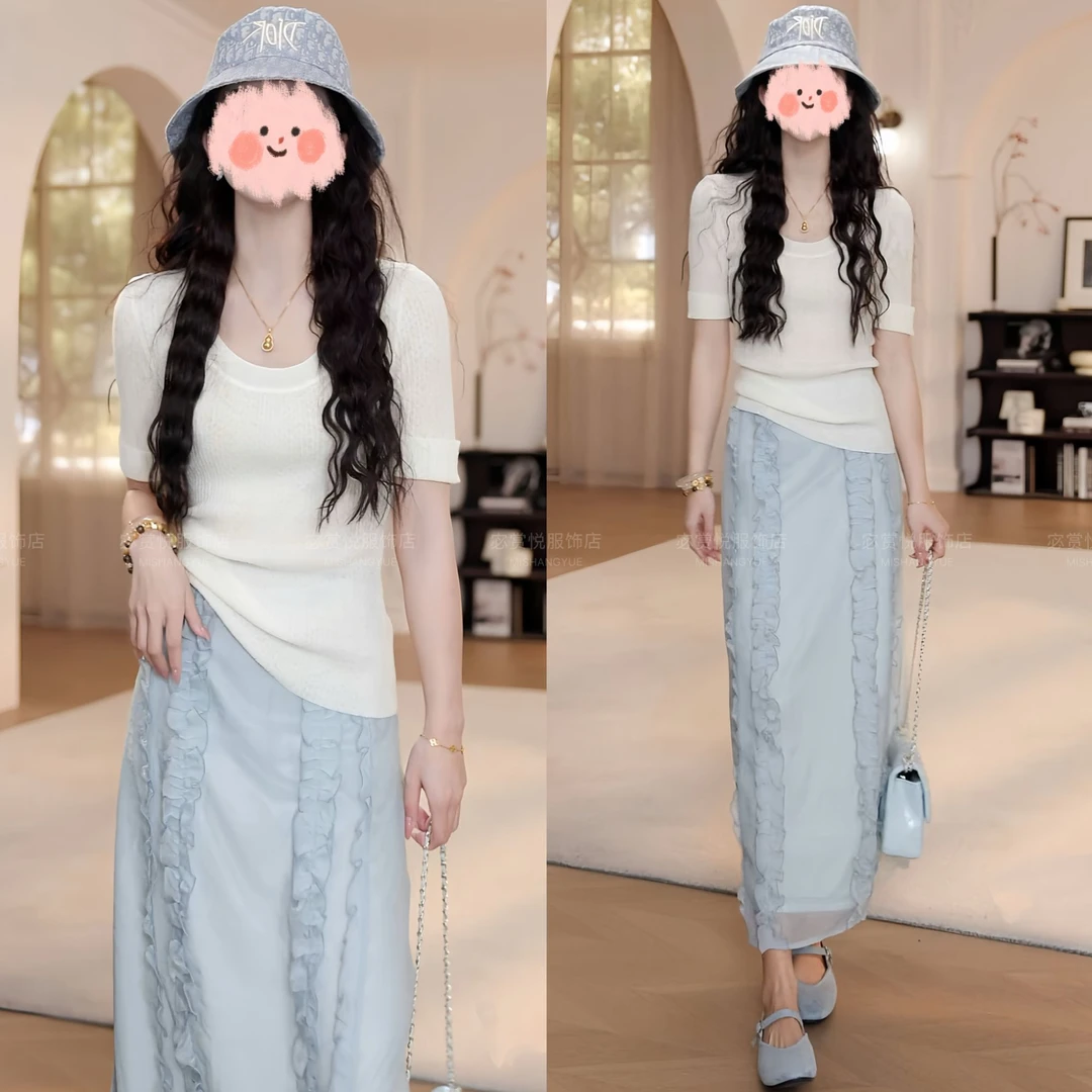 2025夏季新款时尚洋气短袖针织衫+半身裙两件套设计感减龄套装女