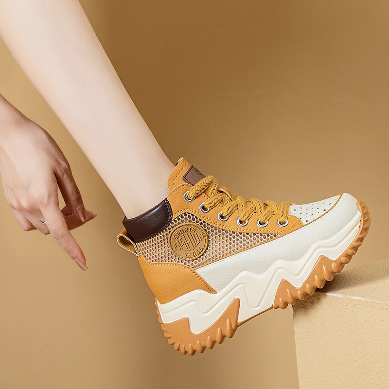 真皮女鞋2025新款春夏老爹鞋百搭厚底内增高网面透气高帮小白鞋子