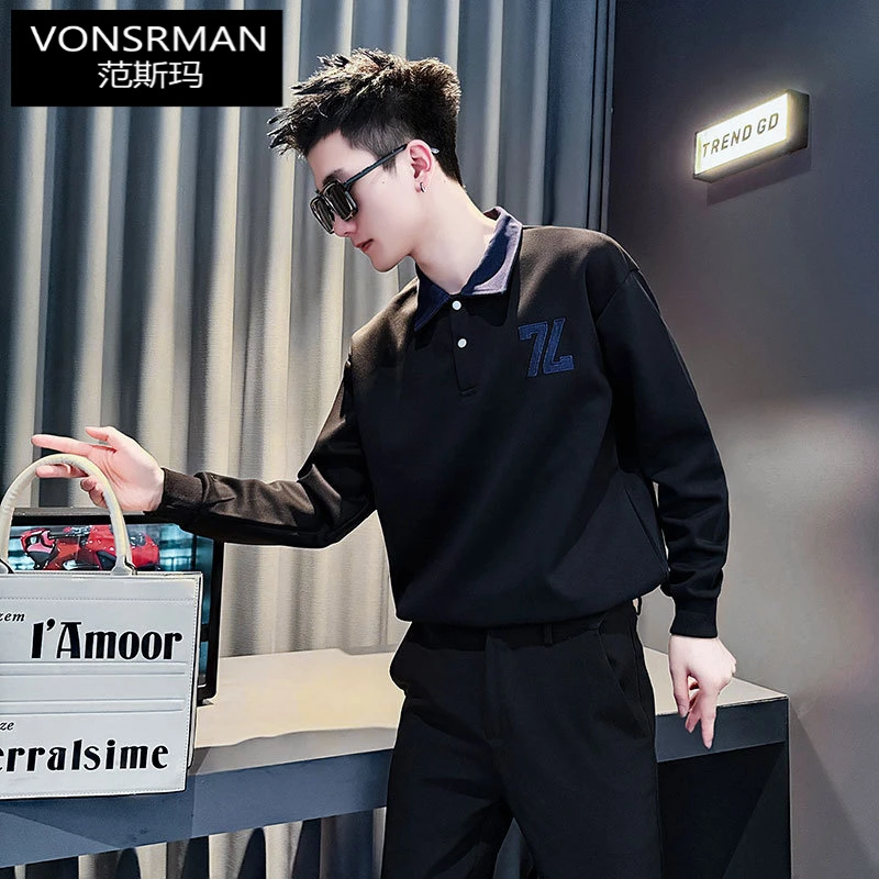 男士假两件撞色领卫衣ins潮牌上衣2025新款秋季内搭打底长袖T恤