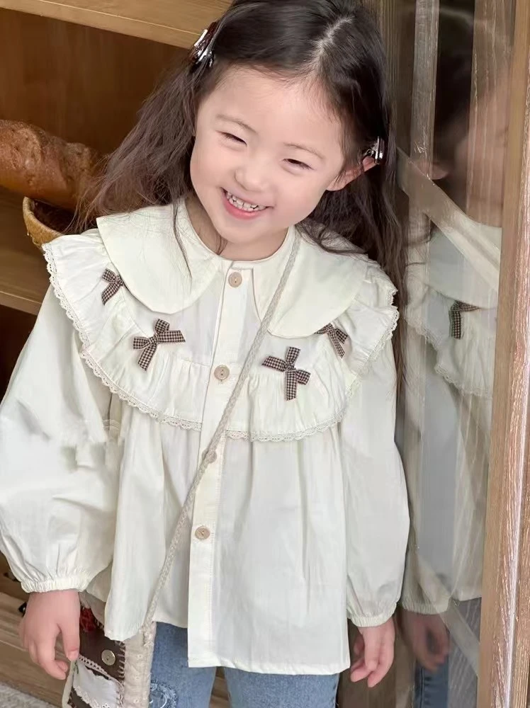 2025韩版新秋款女童长衬衫蝴蝶结花边衬衫女宝宝新潮洋气百搭外套