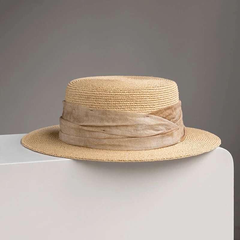 疯帽子 法式拉菲草平顶帽子女 复古染色织带遮阳帽太阳草帽25春夏