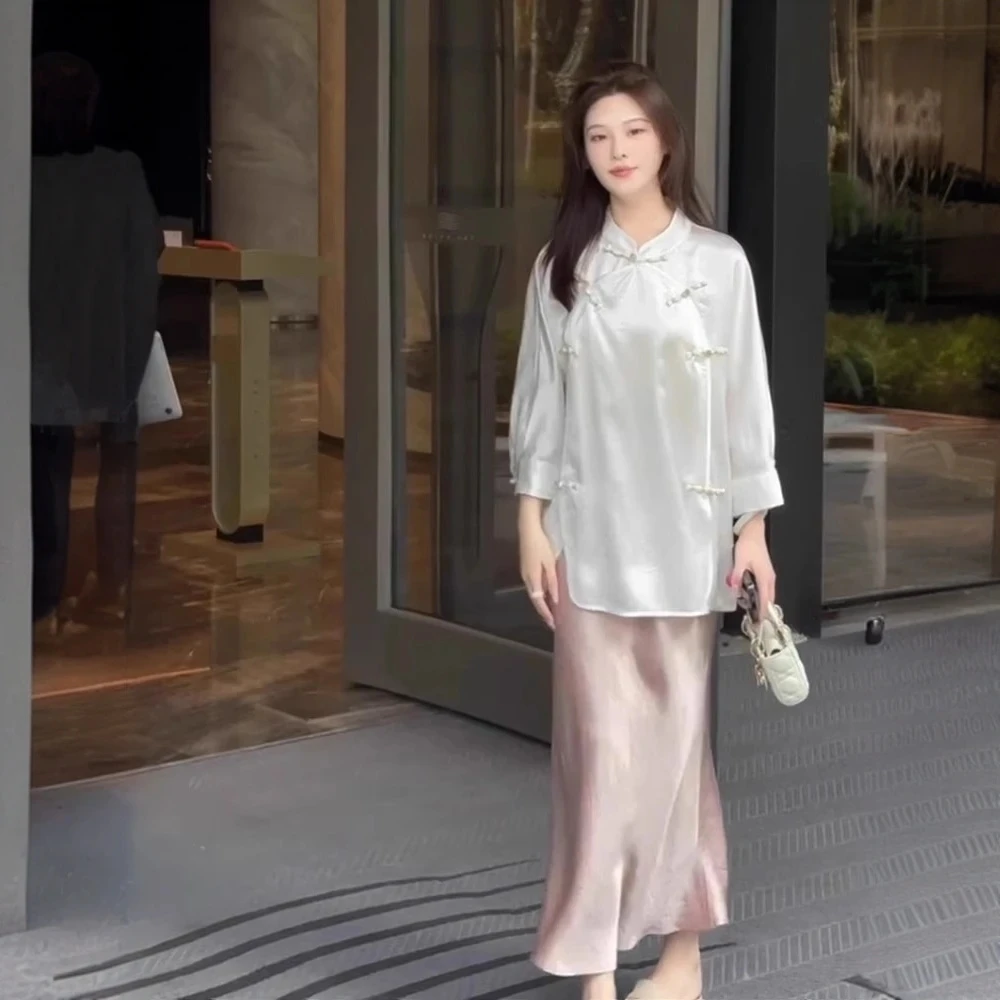 新中式国风清冷感禅意汉服改良连衣裙早秋白色盘扣衬衫半身裙套装