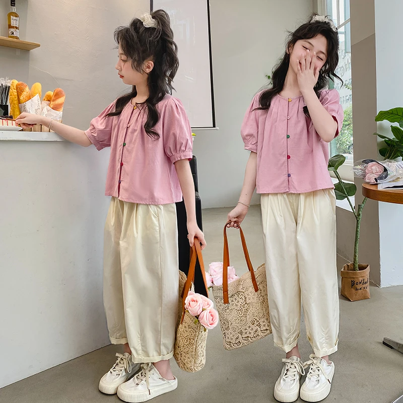 女  童套装夏季2025新款洋气简约纯色背心大女孩休闲阔腿裤两件套