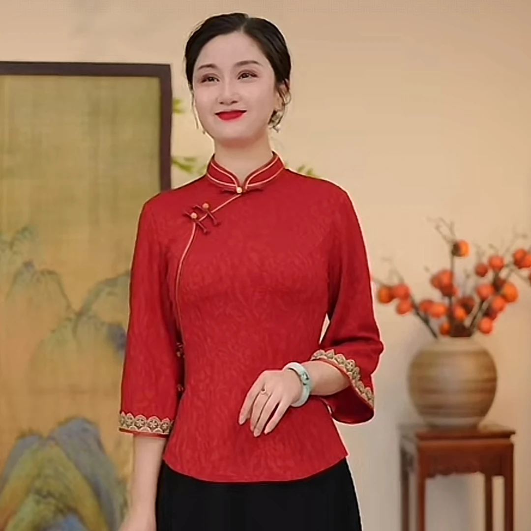 瓷萱【朱韵呈祥】秋季旗袍上衣单件七分袖炸街国风气质花朵女士