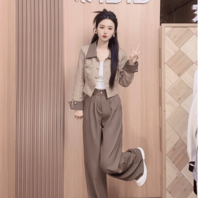 潮流洋气套装女士2025春季新款小香风外套高腰直筒阔腿裤子两件套