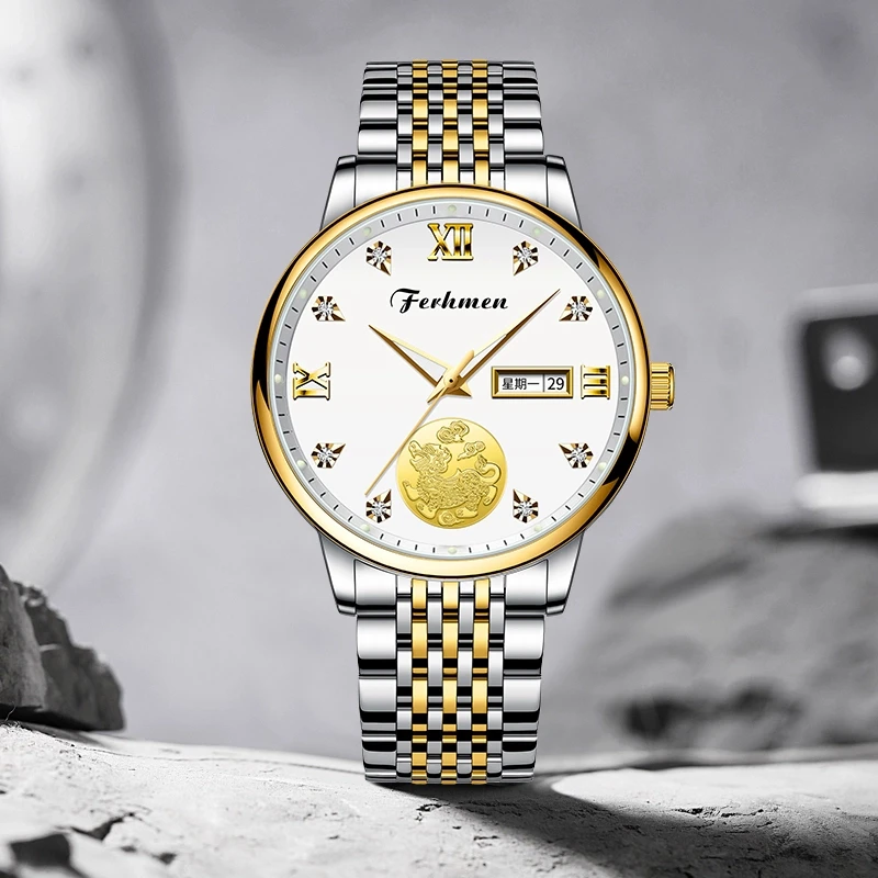 瑞士注册麒麟系列 双日历商务防水男士机械表F8500