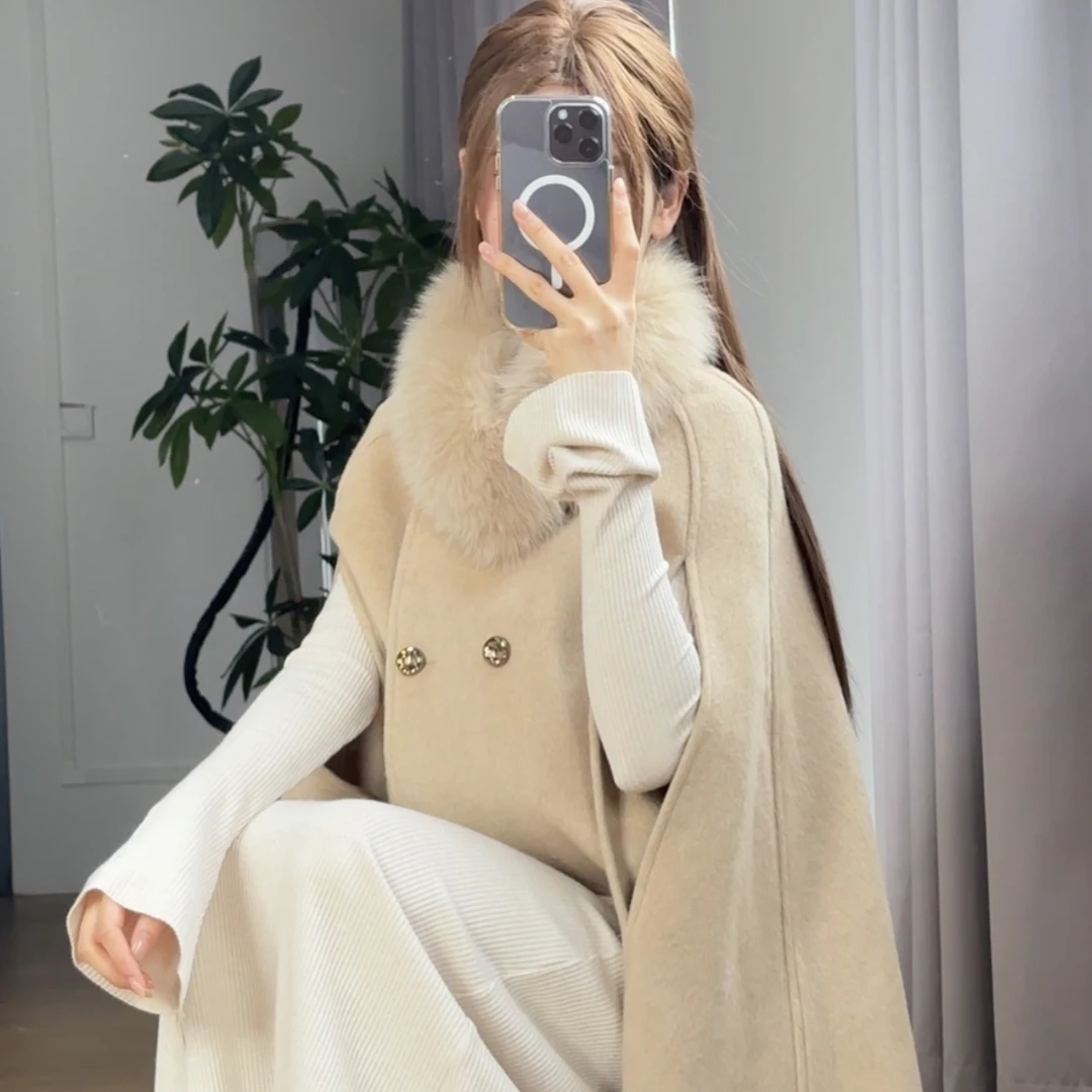 小小仟 留洋大小姐羊毛双面尼斗篷外套女新款秋冬狐狸毛毛领大衣