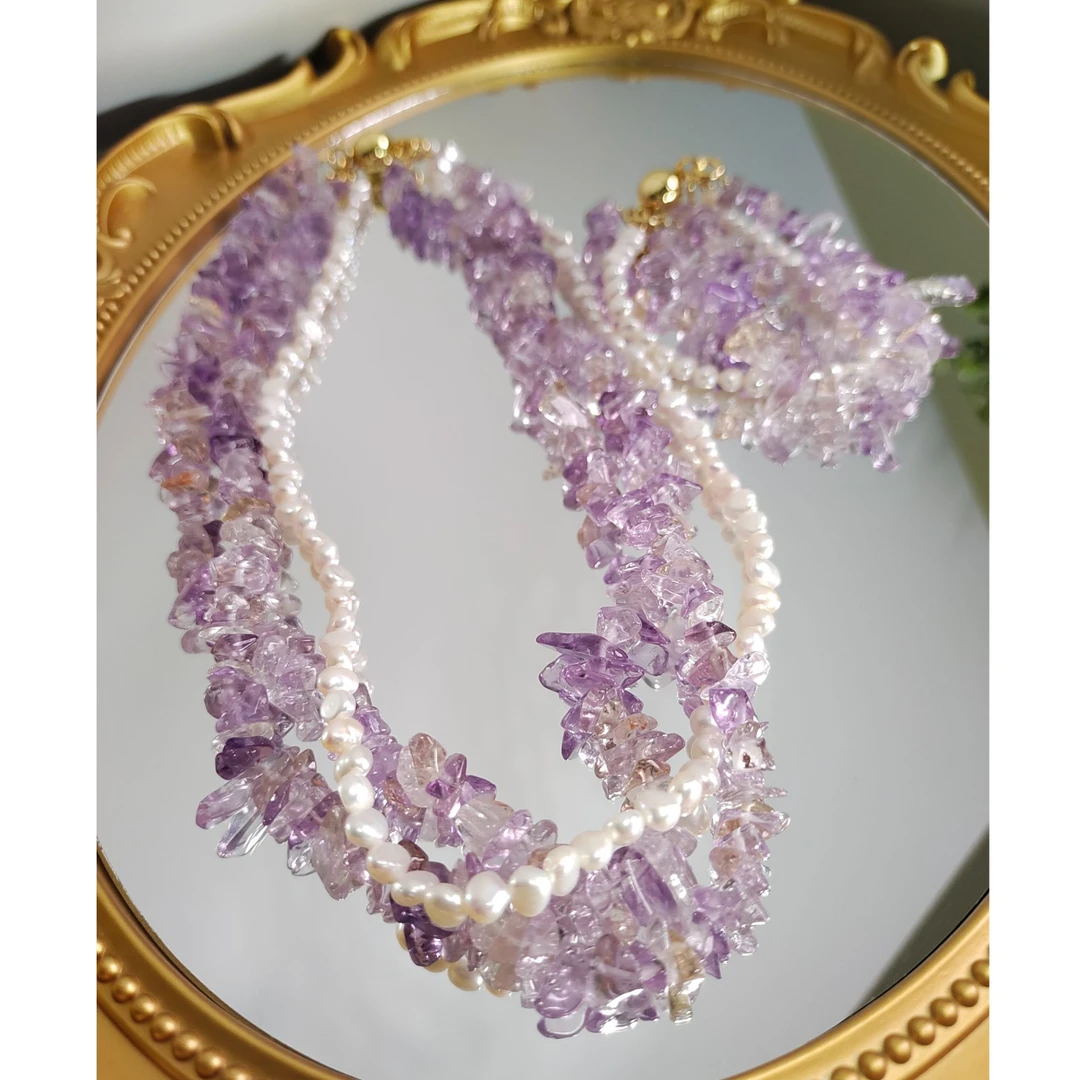 【山珊】公主苏菲亚-天然珍珠紫水晶项链三层扭扭链+手链套装