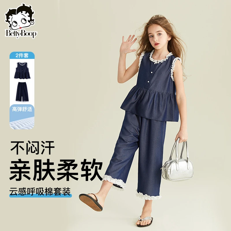 贝蒂女童T恤短袖短裤牛仔套装2025年夏季新款中大童儿童长裤25378