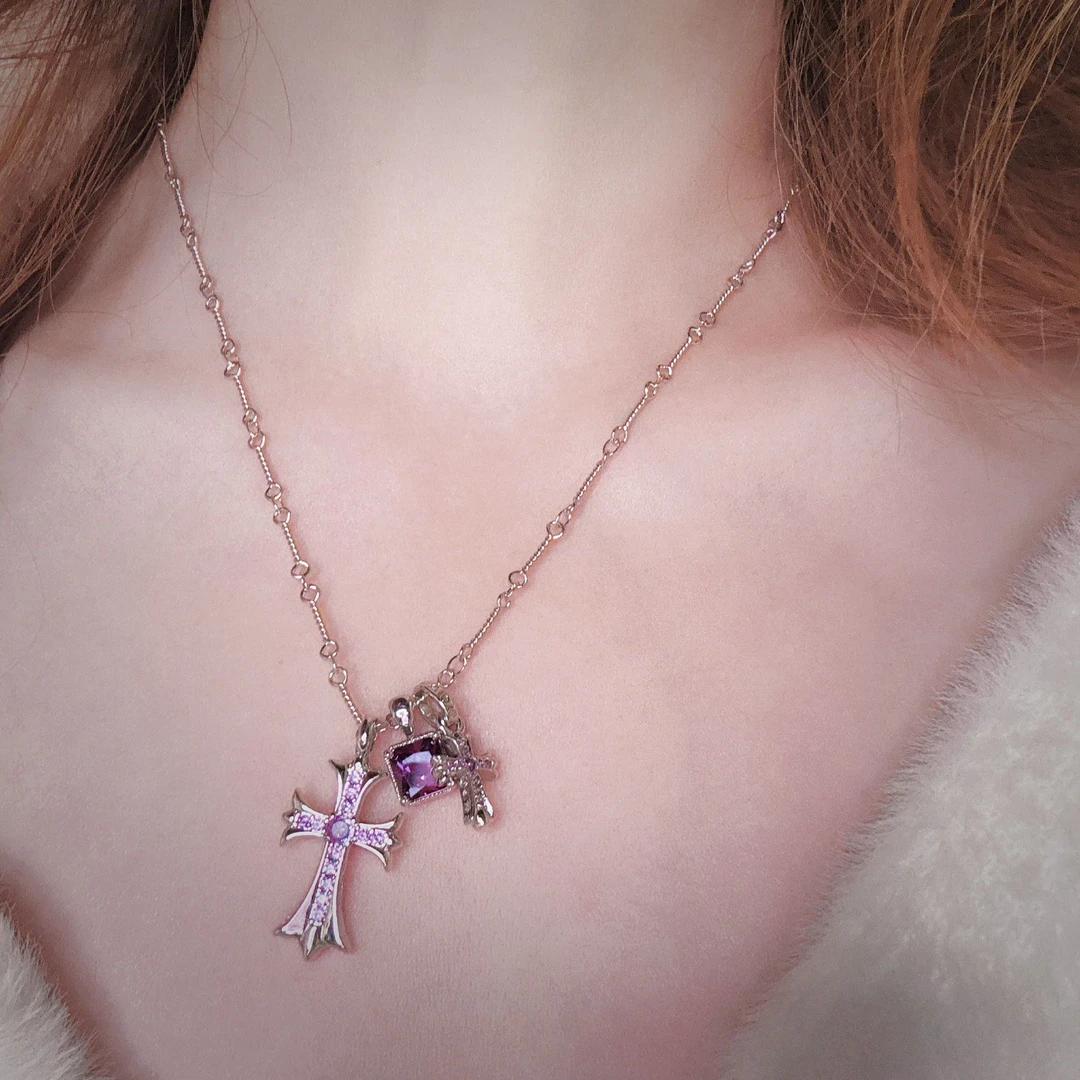 铜合金项链 2175 十字架紫色项链