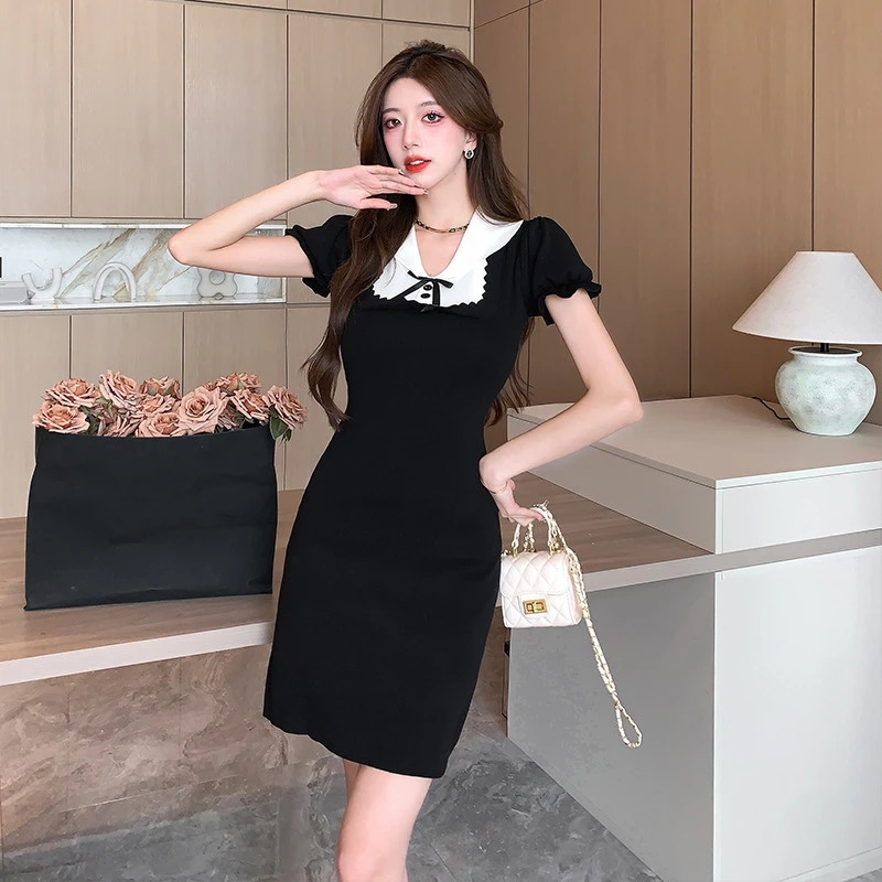 yysp8193名媛风气质短袖针织连衣裙女2025夏季减龄娃娃领小黑裙